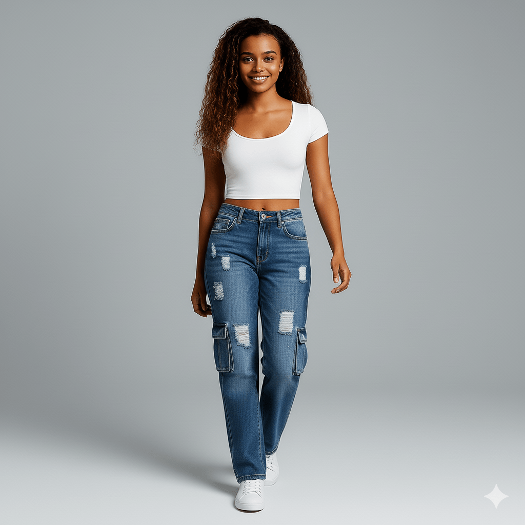 Calça Jeans destroyed com Bolso