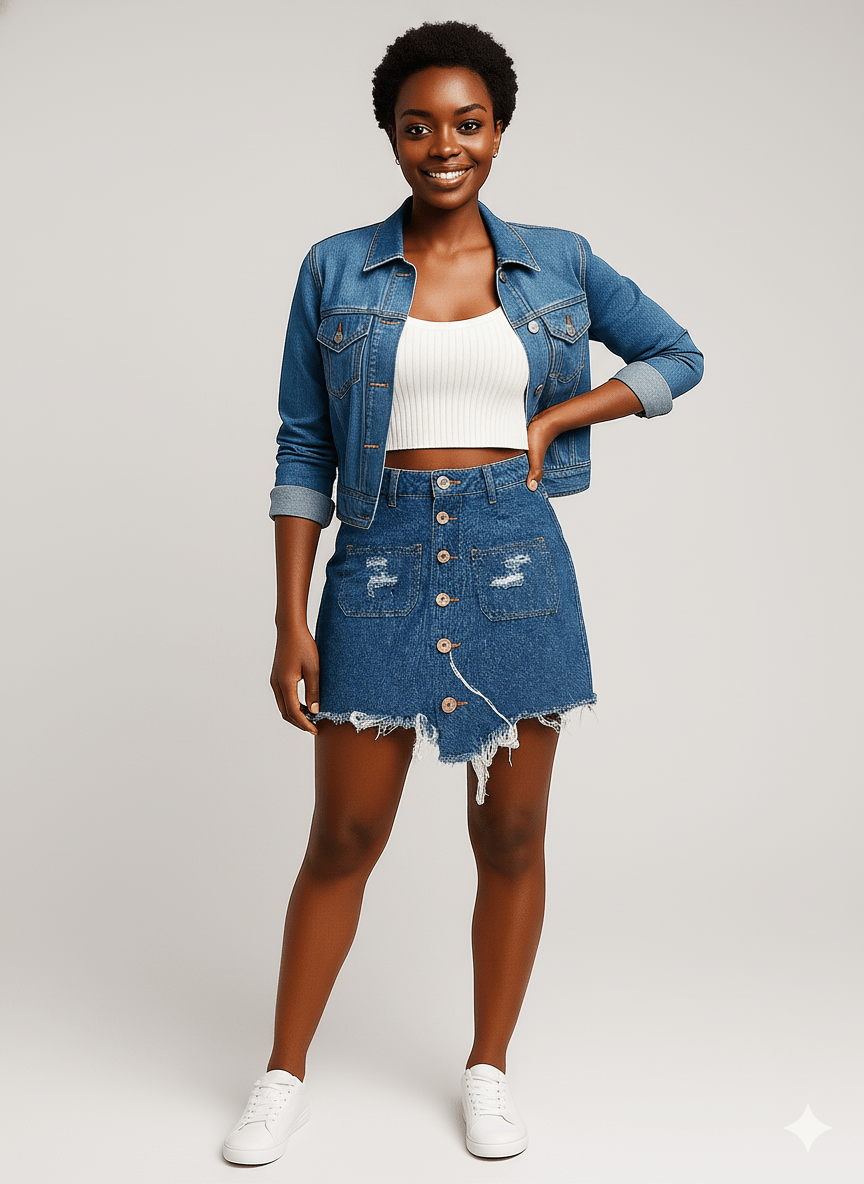 Saia Jeans destroyed Botão